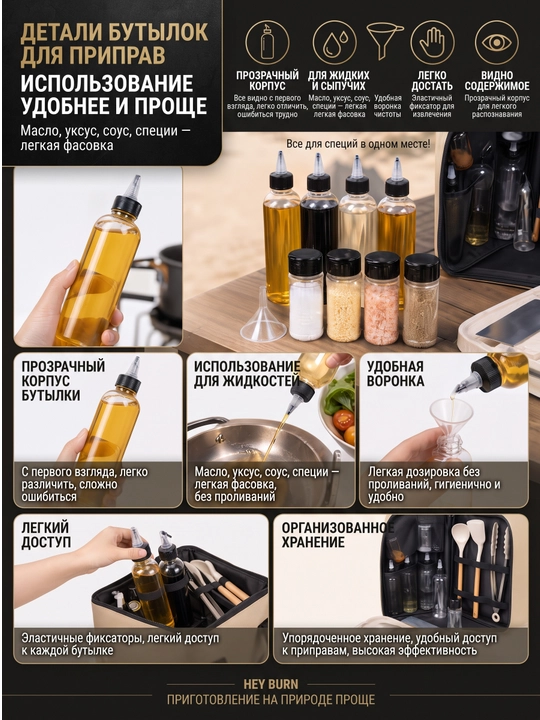 Piknik va kemping uchun universal oshxona anjomlari va ziravorlar toʻplami