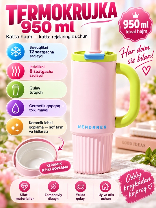 WENDAREN 950 ml hajmli, naychali, tutqichli termokaracha