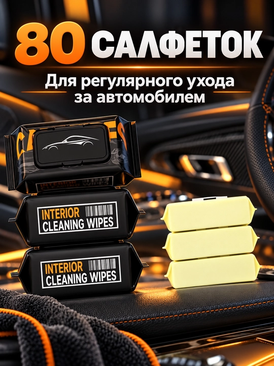 Салфетки для авто, для кожи, стекол, зеркал, салона, безворсовые, 80 шт