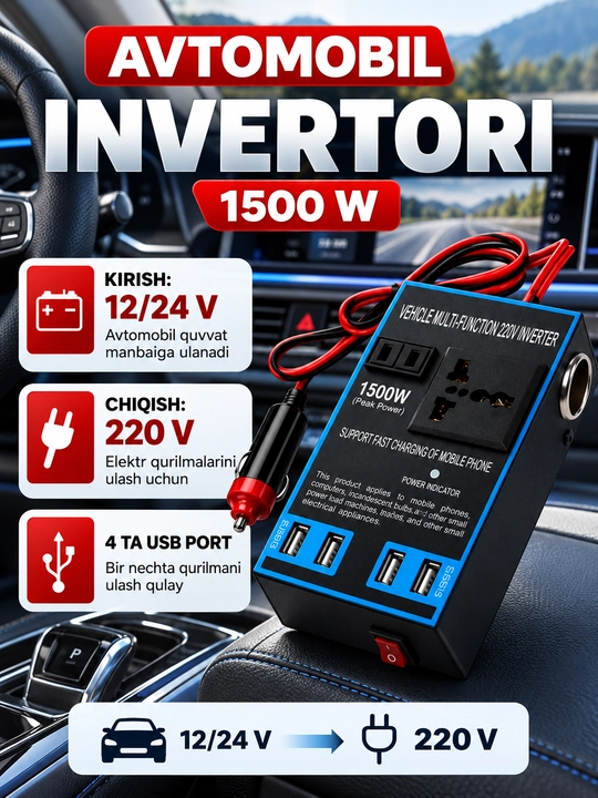 Avtomobil quvvatlash moslamasi, Avto invertor, 12V220V invertor, Avto adapter