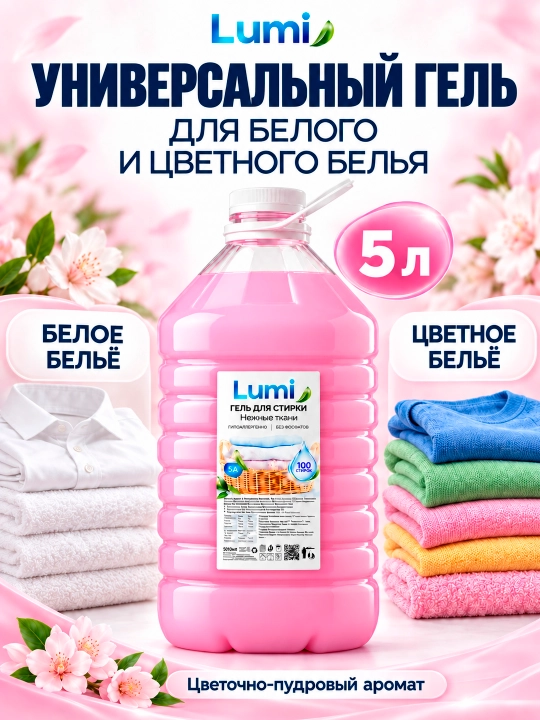 Гель для стирки Lumi, для белого и цветного белья, цветочно-пудровый аромат, 5 л - 