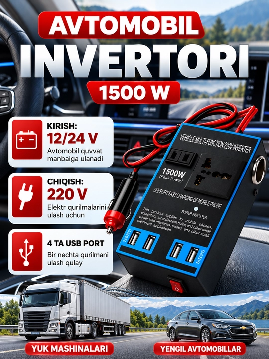 Avtomobil quvvatlash moslamasi, Avto invertor, 12V220V invertor, Avto adapter - 