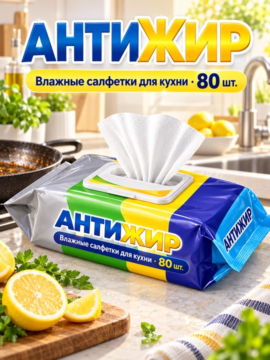Антижир oчищающие влажные салфетки, для кухни, масла, жира, грязи, 80 шт - 