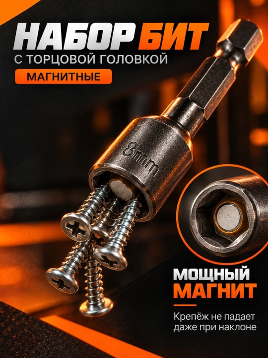 Биты для шуруповерта LIT 101-015378, магнитные, 8 мм, 42 мм, 8 шт