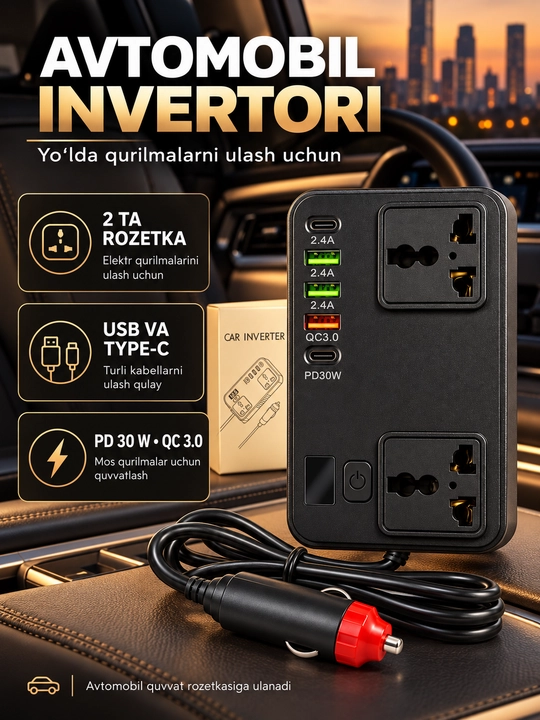 Invertor. avto aksessuarlar. 12/24V. avto invertor. Zaryadka. avtozaryadka - 