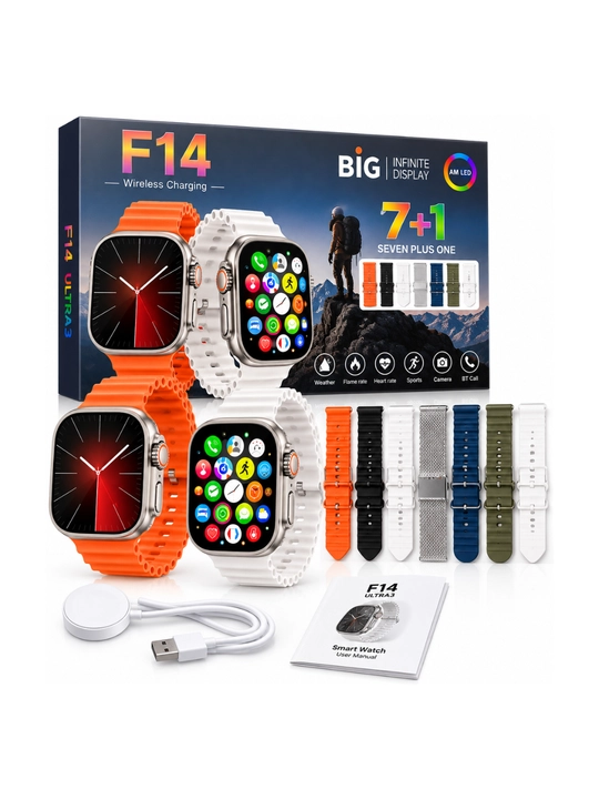 F14 Ultra 3 aqlli soat, katta ekran, Bluetooth qo‘ng‘iroq, 7 ta qo‘shimcha remeshok