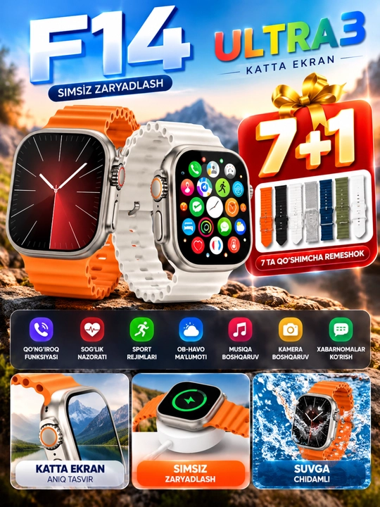 F14 Ultra 3 aqlli soat, katta ekran, Bluetooth qo‘ng‘iroq, 7 ta qo‘shimcha remeshok - 