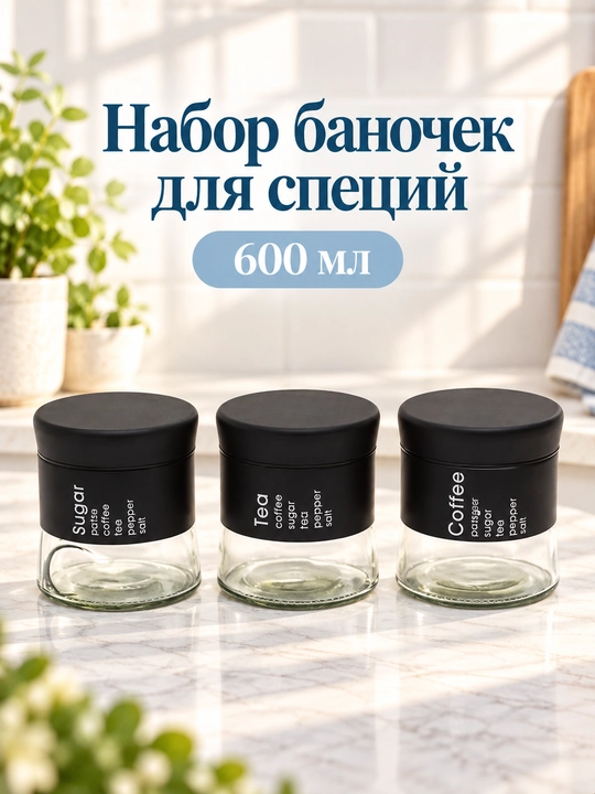 Набор баночек для специй, сыпучих продуктов, стеклянные, 600 мл - 