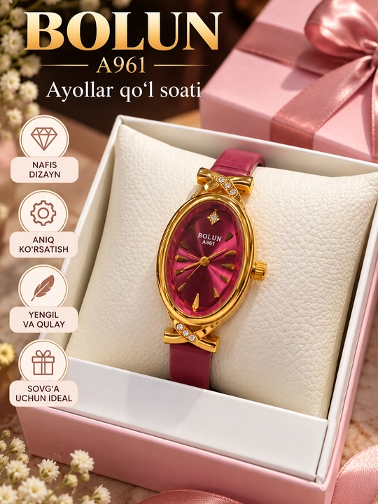 Ayollar qo‘l soati BOLUN A961, oval oltin rangli korpus - 