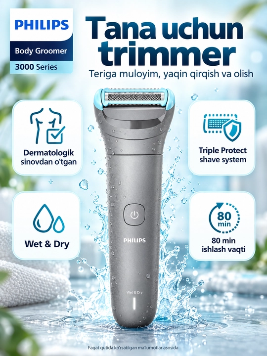 Philips Body Groomer 3000 Series tana va intim sohalar uchun trimmer, Wet & Dry
