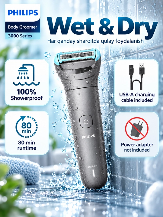 Philips Body Groomer 3000 Series tana va intim sohalar uchun trimmer, Wet & Dry