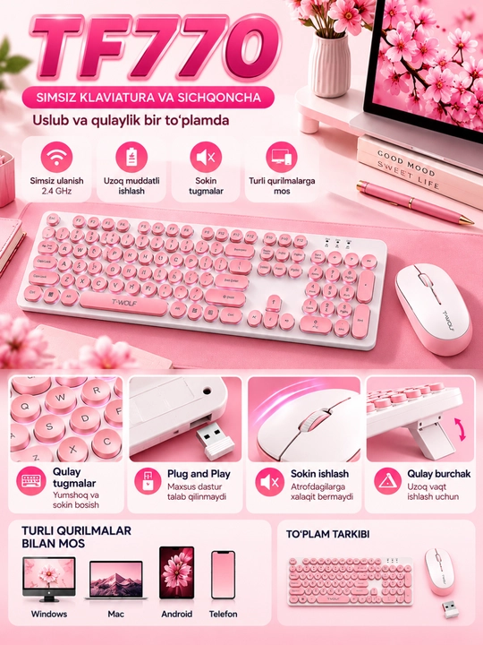 TF770 Simsiz Klaviatura va Sichqoncha To‘plami, 2.4G, Pushti Rang - 