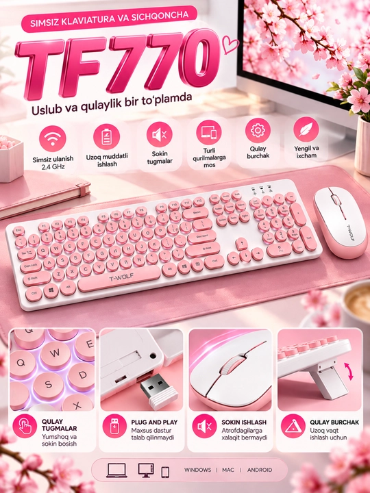 TF770 Simsiz Klaviatura va Sichqoncha To‘plami, 2.4G, Pushti Rang