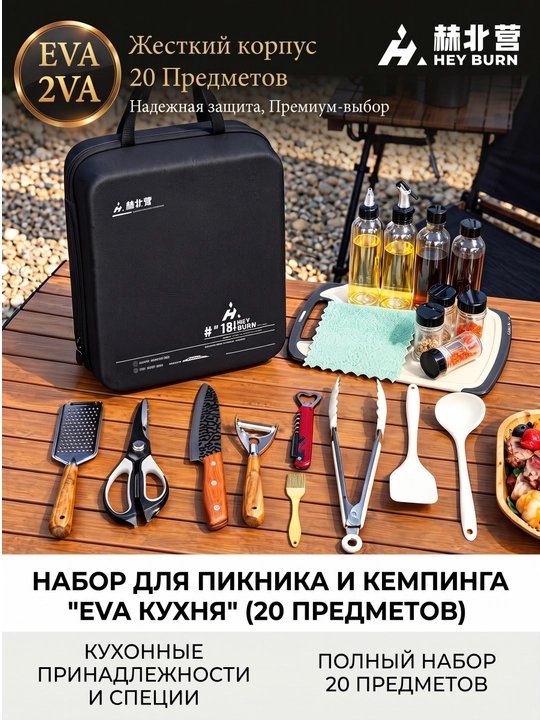 Sayohat, kemping va piknik uchun qattiq keysidagi oshxona anjomlari va ziravorlar to‘plami