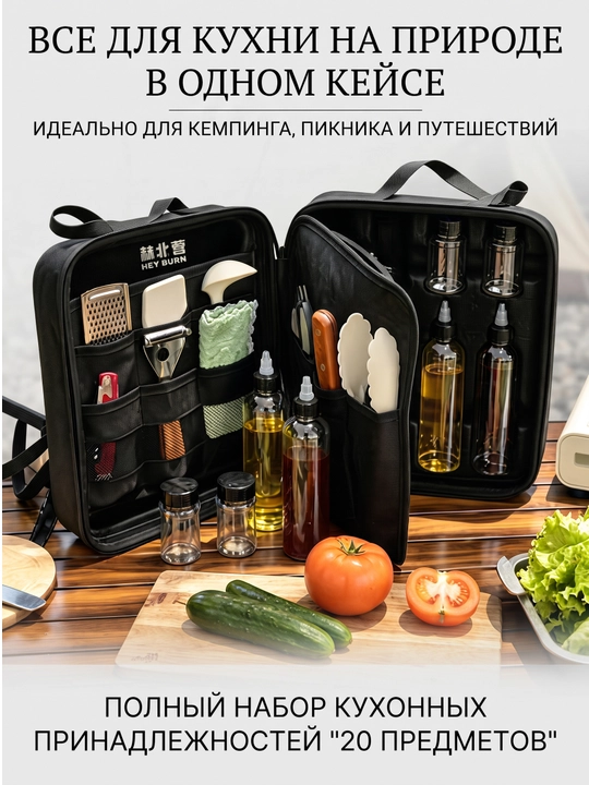Набор кухонных принадлежностей и специй в жестком кейсе для туризма, кемпинга и пикника - 