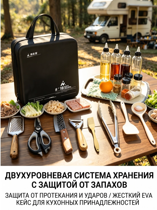 Sayohat, kemping va piknik uchun qattiq keysidagi oshxona anjomlari va ziravorlar to‘plami