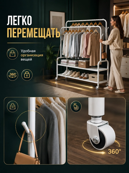 Вешалка для одежды, круглая напольная модель на колесах