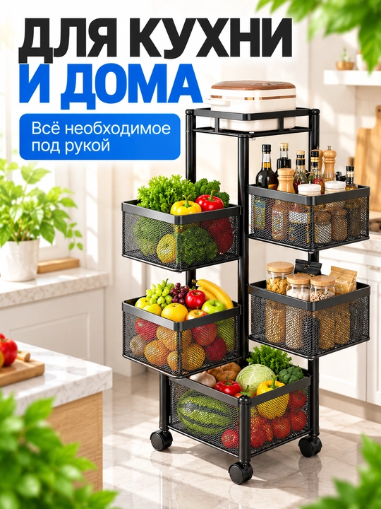 G‘ildirakli javon, oshxona uchun 4 va 5 qavatli metall savatli etajerka