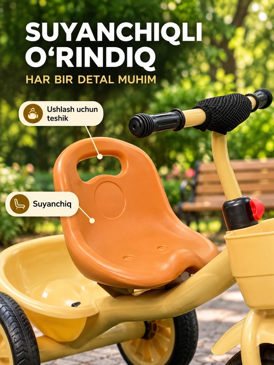 Savatli va sozlanadigan rulli bolalar uch g‘ildirakli velosipedi