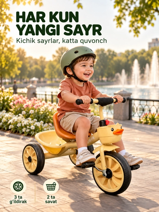 Savatli va sozlanadigan rulli bolalar uch g‘ildirakli velosipedi