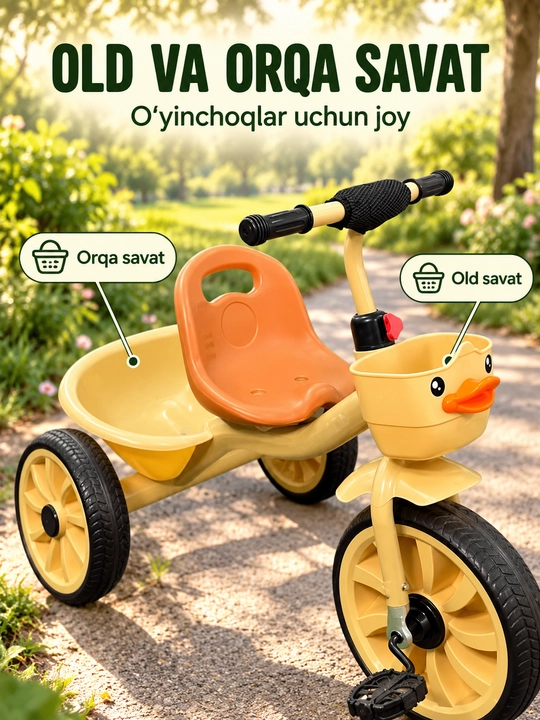 Savatli va sozlanadigan rulli bolalar uch g‘ildirakli velosipedi
