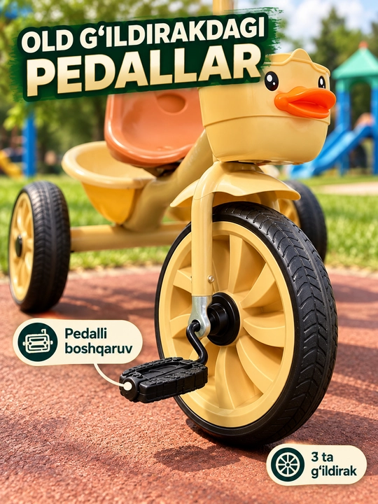 Savatli va sozlanadigan rulli bolalar uch g‘ildirakli velosipedi