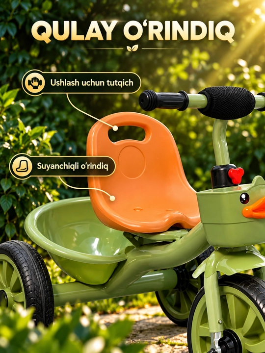 Savatli va sozlanadigan rulli bolalar uch g‘ildirakli velosipedi