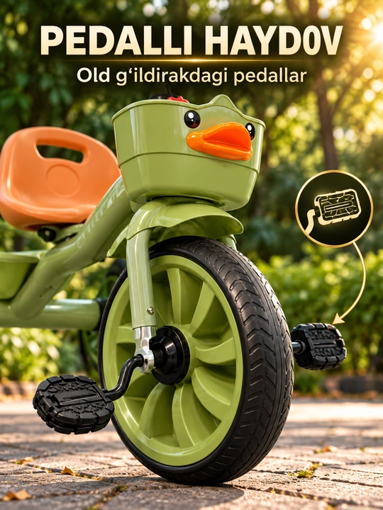 Savatli va sozlanadigan rulli bolalar uch g‘ildirakli velosipedi