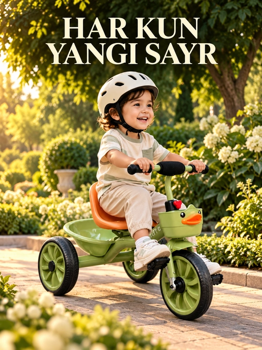 Savatli va sozlanadigan rulli bolalar uch g‘ildirakli velosipedi