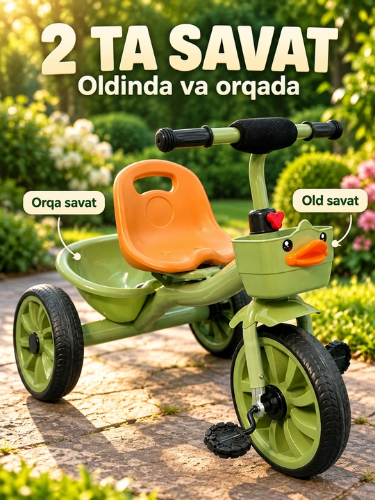 Savatli va sozlanadigan rulli bolalar uch g‘ildirakli velosipedi