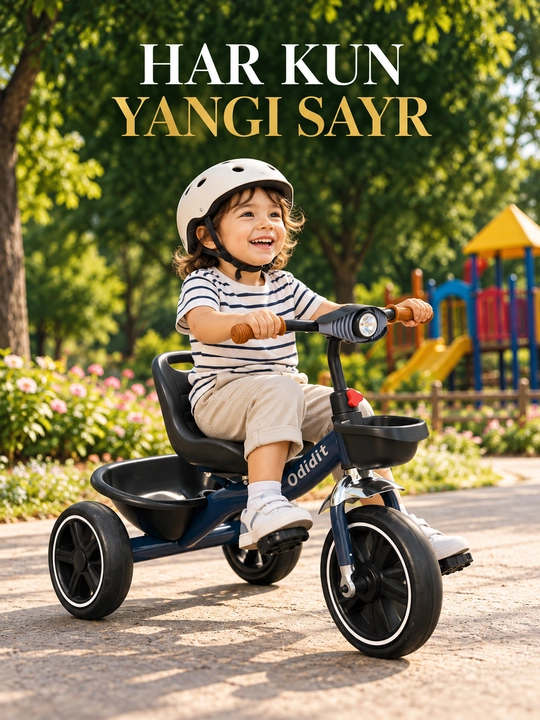 Savatli va sozlanadigan rulli bolalar uch g‘ildirakli velosipedi