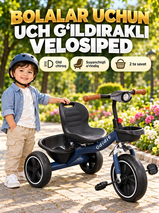 Savatli va sozlanadigan rulli bolalar uch g‘ildirakli velosipedi - 