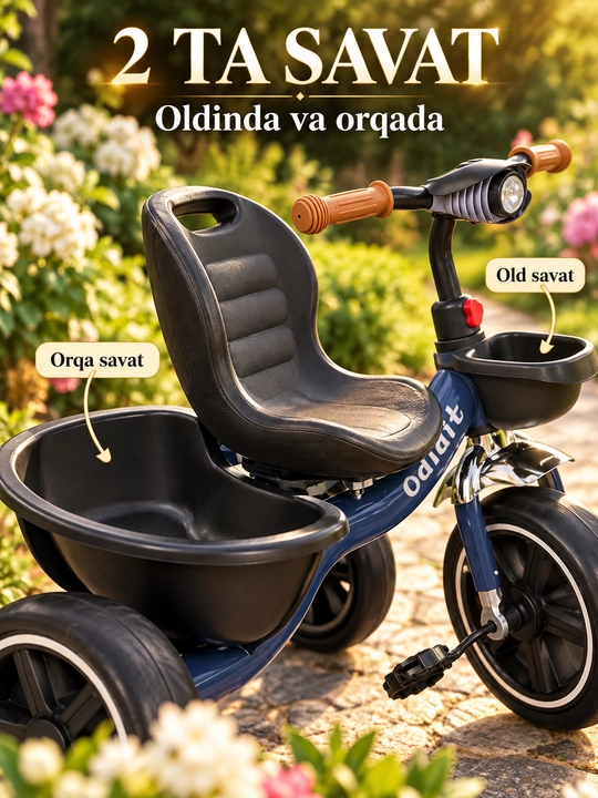 Savatli va sozlanadigan rulli bolalar uch g‘ildirakli velosipedi