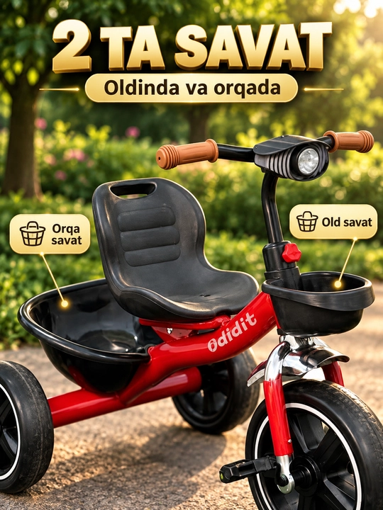 Savatli va sozlanadigan rulli bolalar uch g‘ildirakli velosipedi