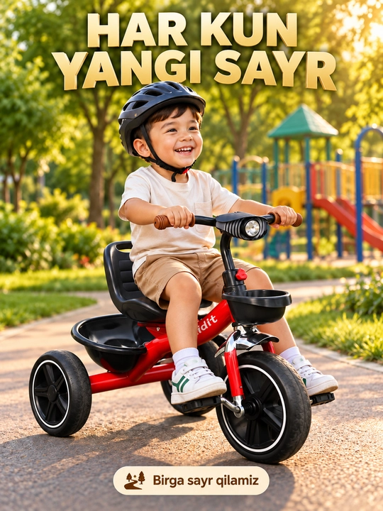 Savatli va sozlanadigan rulli bolalar uch g‘ildirakli velosipedi