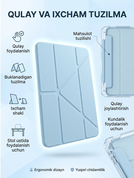 IPad A16 uchun chexol Smart Case tagligi bilan shaffof himoya g‘ilofi