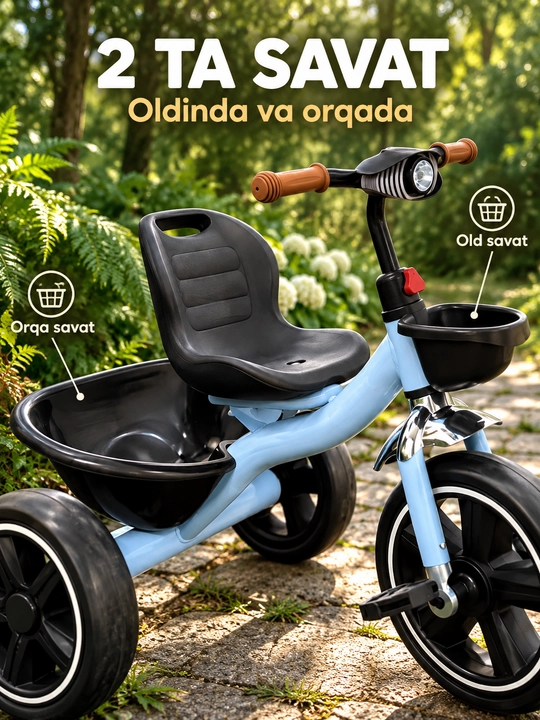 Savatli va sozlanadigan rulli bolalar uch g‘ildirakli velosipedi