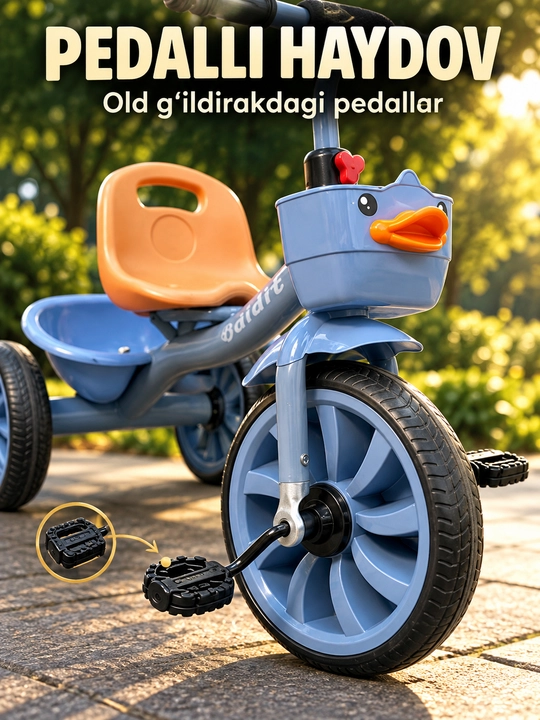 Savatli va sozlanadigan rulli bolalar uch g‘ildirakli velosipedi
