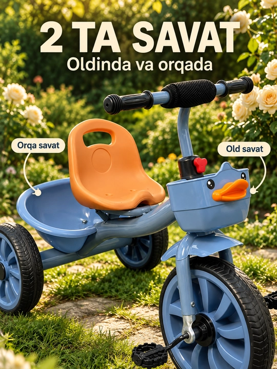 Savatli va sozlanadigan rulli bolalar uch g‘ildirakli velosipedi