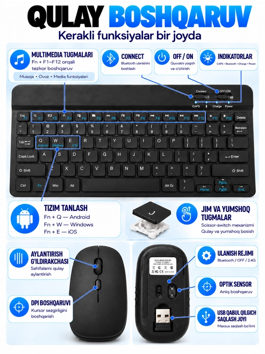 Simsiz Bluetooth klaviatura va sichqoncha to‘plami, telefon, planshet va noutbuk uchun