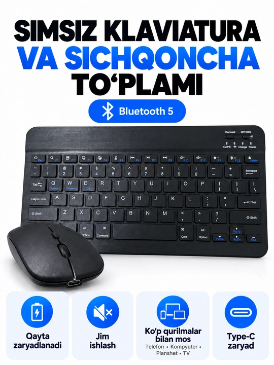 Simsiz Bluetooth klaviatura va sichqoncha to‘plami, telefon, planshet va noutbuk uchun - 