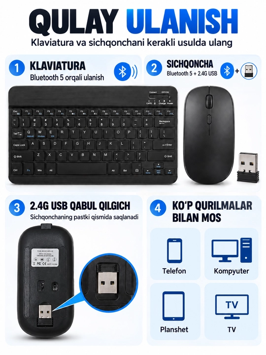 Simsiz Bluetooth klaviatura va sichqoncha to‘plami, telefon, planshet va noutbuk uchun