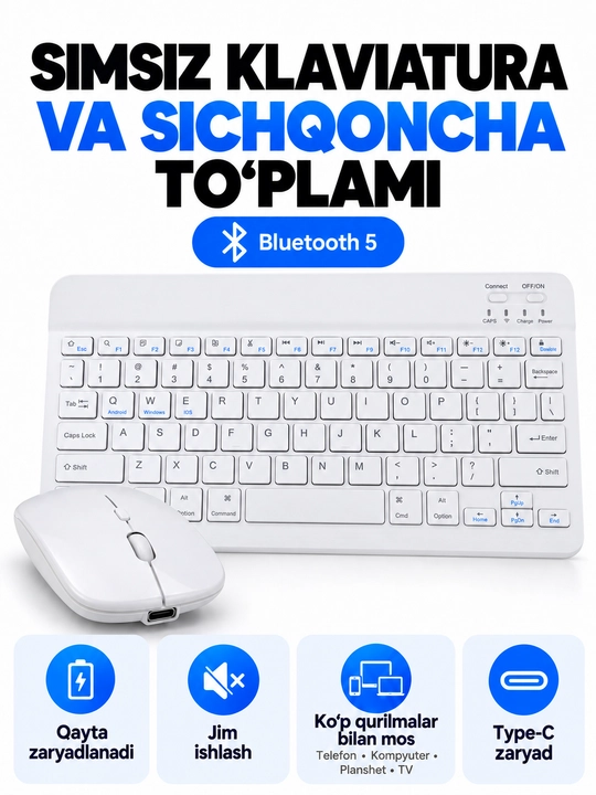 Simsiz Bluetooth klaviatura va sichqoncha to‘plami, telefon, planshet va noutbuk uchun - 