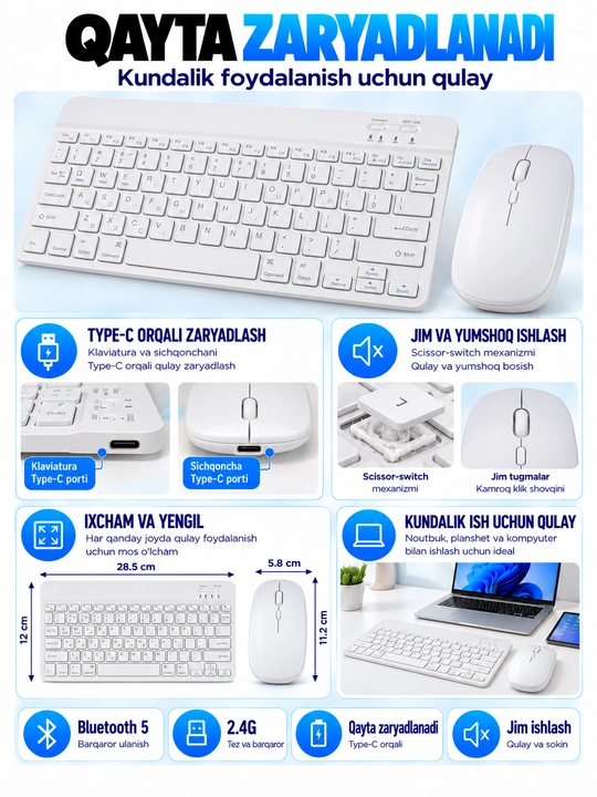 Simsiz Bluetooth klaviatura va sichqoncha to‘plami, telefon, planshet va noutbuk uchun