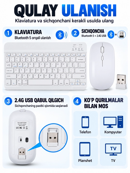 Simsiz Bluetooth klaviatura va sichqoncha to‘plami, telefon, planshet va noutbuk uchun