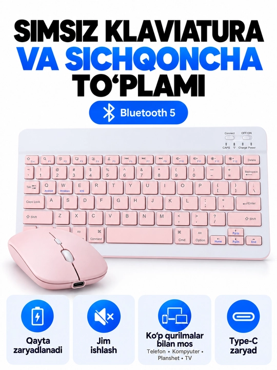 Simsiz Bluetooth klaviatura va sichqoncha to‘plami, telefon, planshet va noutbuk uchun - 