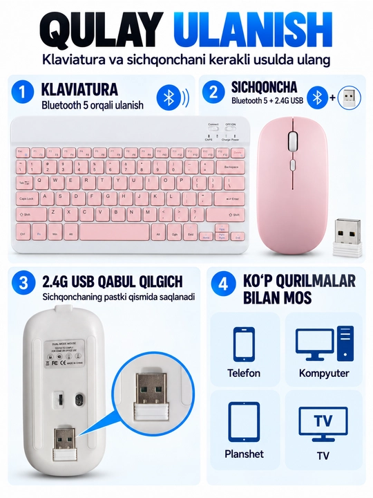 Simsiz Bluetooth klaviatura va sichqoncha to‘plami, telefon, planshet va noutbuk uchun