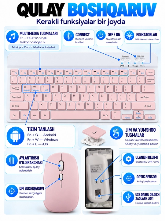 Simsiz Bluetooth klaviatura va sichqoncha to‘plami, telefon, planshet va noutbuk uchun
