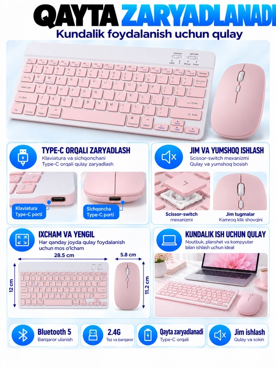 Simsiz Bluetooth klaviatura va sichqoncha to‘plami, telefon, planshet va noutbuk uchun