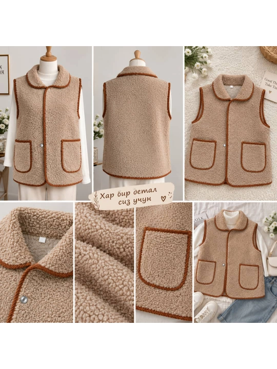 Ayollar uchun yumshoq teddy jilet, qaytarma yoqali, cho‘ntakli, yengsiz issiq nimcha